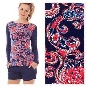 Lilly Pulitzer Women's Floral Paisley Print Long Sleeve Bailey Top Blue Pink XS